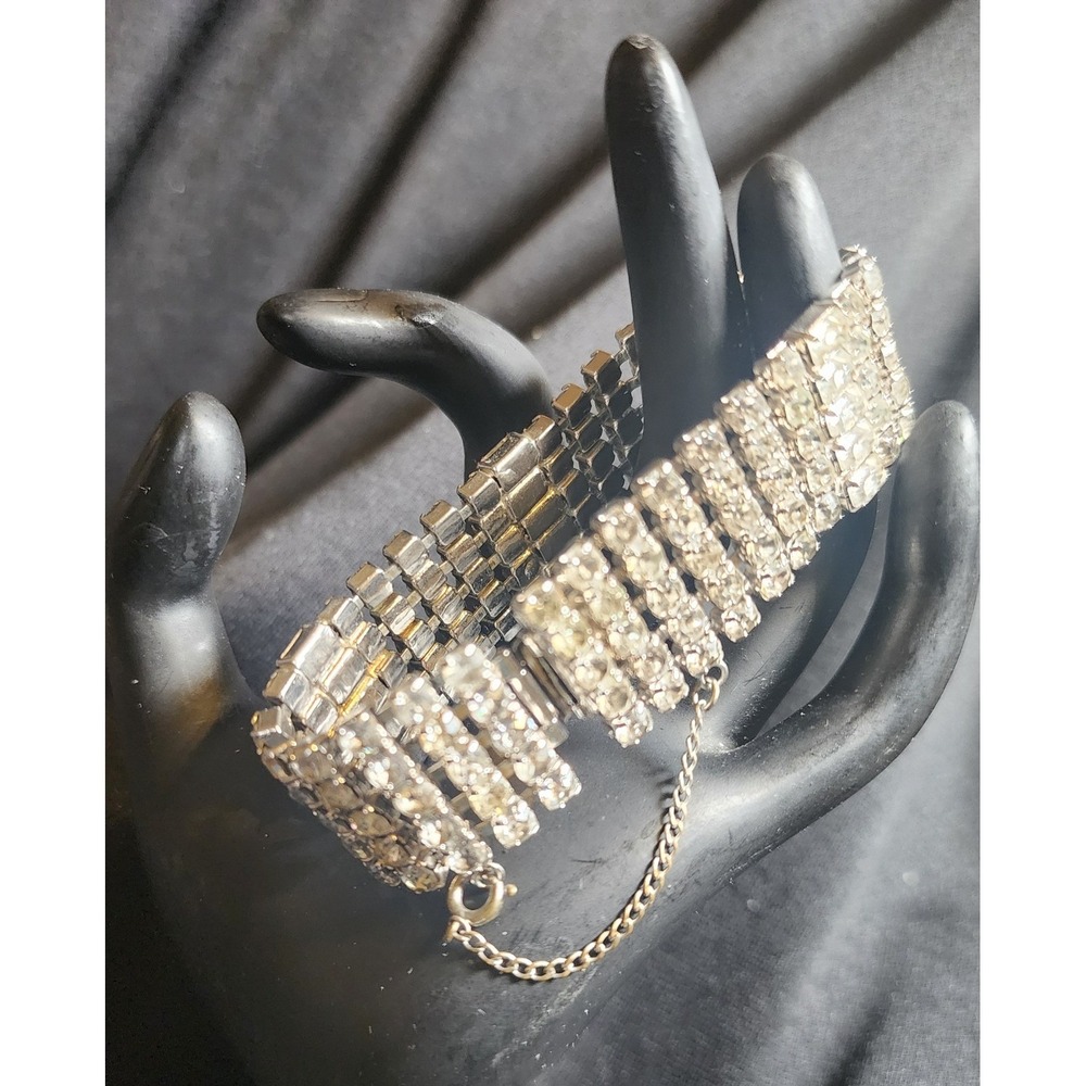 Vtg Kramer of New York  Rhinestone Bracelet 5 Row Baguette Clear Silver Tone